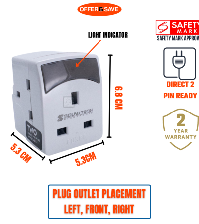 [2Year Warranty] Soundteoh 3 Way Multi Adaptor Plug With Light With Switch Electrical Plug With On/Off Switch Button